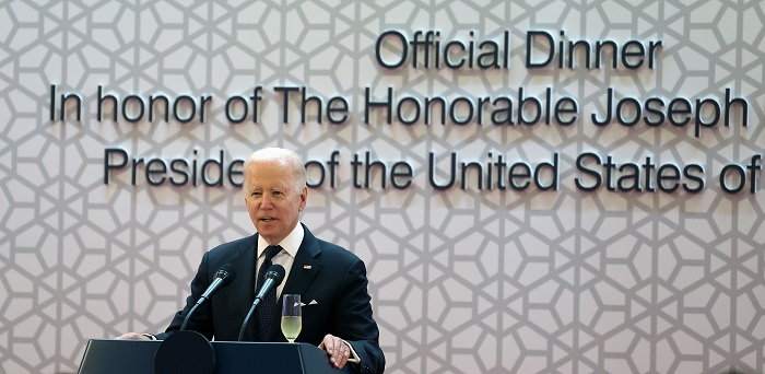 조 바이든 미국 대통령이 지난달 21일 오후 서울 용산구 국립중앙박물관에서 열린 한미 정상 만찬에 참석해 답사하고 있다. (사진/대통령실 제공)