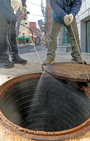 ▲서울시 중구보건소 직원들이 서울 시내 한 주택가에서 모기 유충 구제 작업을 하고 있다. (사진/뉴시스)