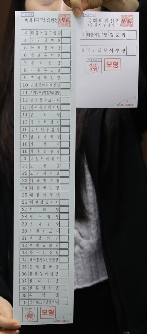 지난 28일 경기도 수원시 영통구선거관리위원회에서 선관위 관계자가 투표용지를 확인하고 있다. 이번 총선에서는 정당 38곳으로 비례대표 투표용지 길이가 51.7cm로 역대 최장이다. (사진/뉴시스)